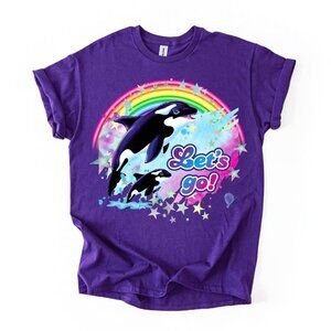 90s Aesthetic Kawaii Rainbow Whale Tee Purple Stars Novelty Graphic T Shirt Gift